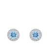 Halo Aquamarine and Diamond Stud Earrings in 18ct white gold from Hardy Brothers Jewellers, shown front-on as a pair with their aquamarine centres and diamond halos.