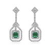 Emerald and 1.05 Carat TW Diamond Drop Earrings in 18ct white gold from Hardy Brothers Jewellers, shown front-on as a pair with their emerald centres and diamond drop design.