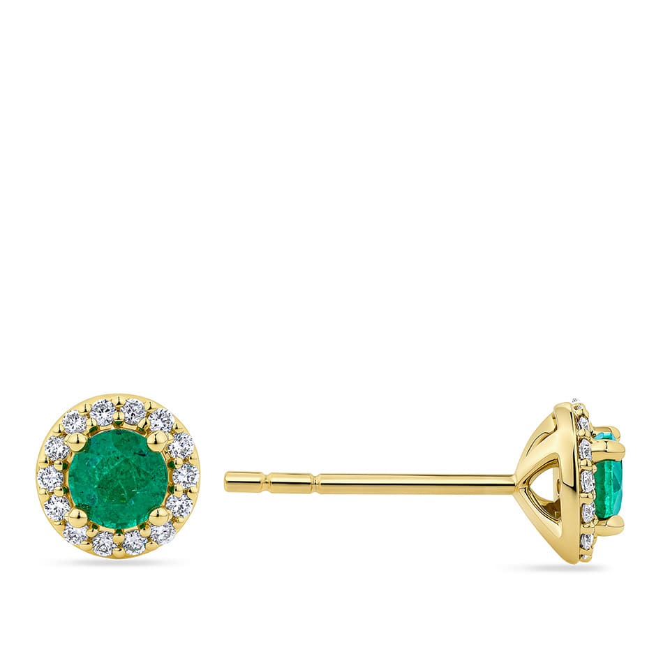 Emerald and Diamond Halo Earrings in 18ct Yellow Gold