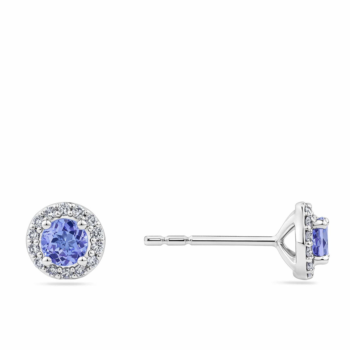 Close-up detail of the Tanzanite and Diamond Halo Stud Earrings in 18ct white gold by Hardy Brothers, highlighting the round tanzanite and diamond halo setting.