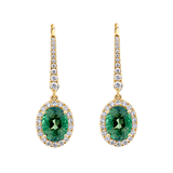 Green Tourmaline Oval and Diamond Halo Drop Earrings in 18ct Yellow Gold