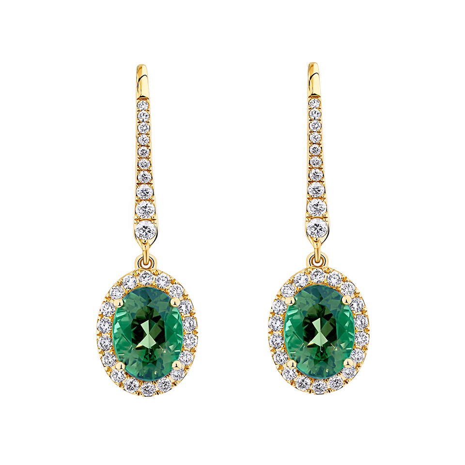 Green Tourmaline Oval and Diamond Halo Drop Earrings in 18ct Yellow Gold