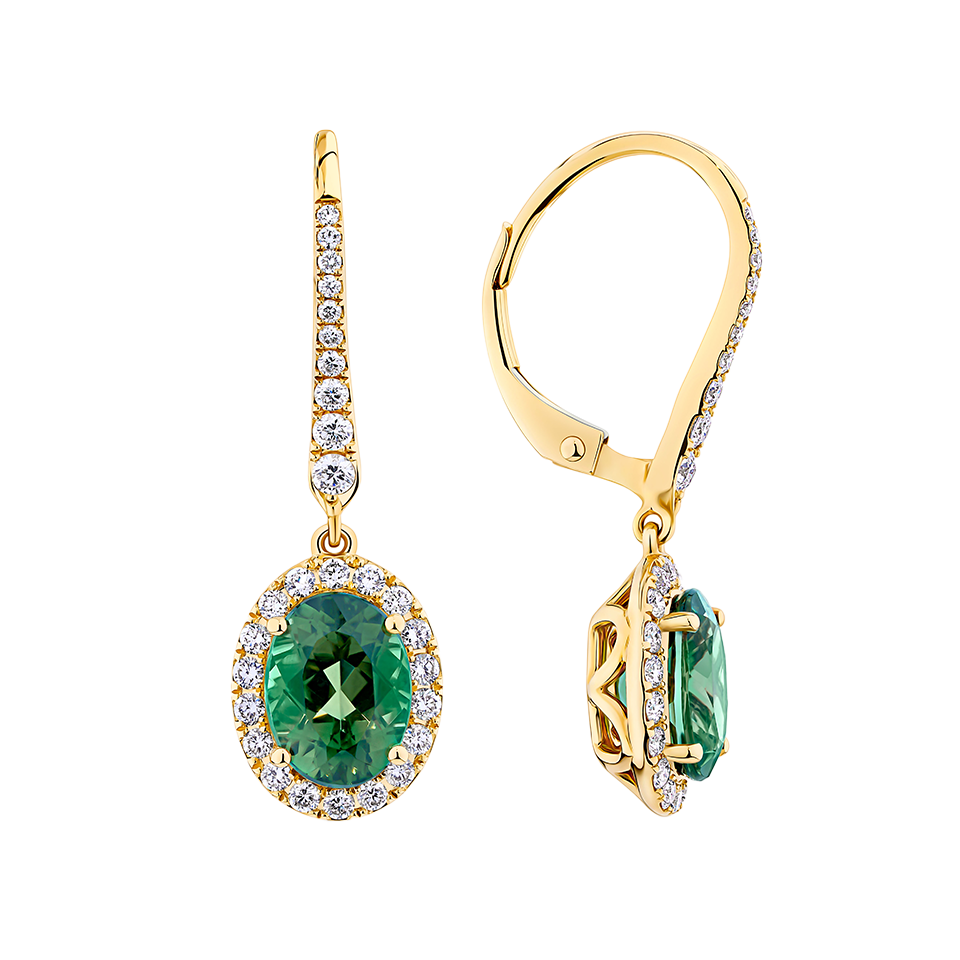 Green Tourmaline Oval and Diamond Halo Drop Earrings in 18ct Yellow Gold