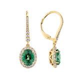 Green Tourmaline Oval and Diamond Halo Drop Earrings in 18ct Yellow Gold