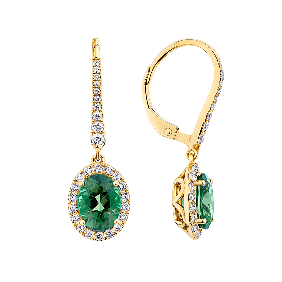 Green Tourmaline Oval and Diamond Halo Drop Earrings in 18ct Yellow Gold