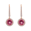 Pink Tourmaline Round and Diamond Halo Drop Earrings in 18ct Rose Gold