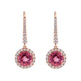 Pink Tourmaline Round and Diamond Halo Drop Earrings in 18ct Rose Gold