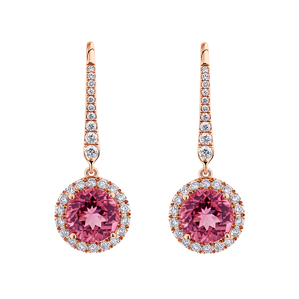 Pink Tourmaline Round and Diamond Halo Drop Earrings in 18ct Rose Gold