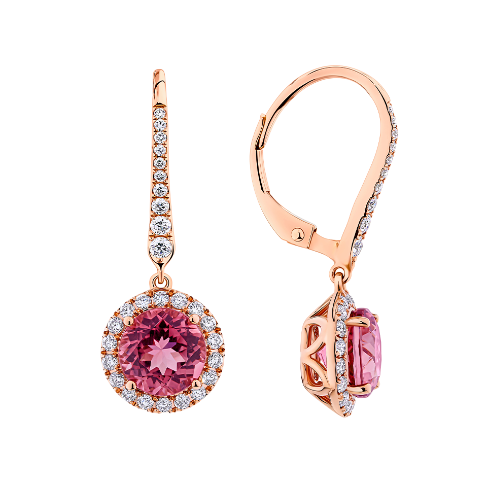 Pink Tourmaline Round and Diamond Halo Drop Earrings in 18ct Rose Gold