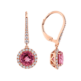 Pink Tourmaline Round and Diamond Halo Drop Earrings in 18ct Rose Gold
