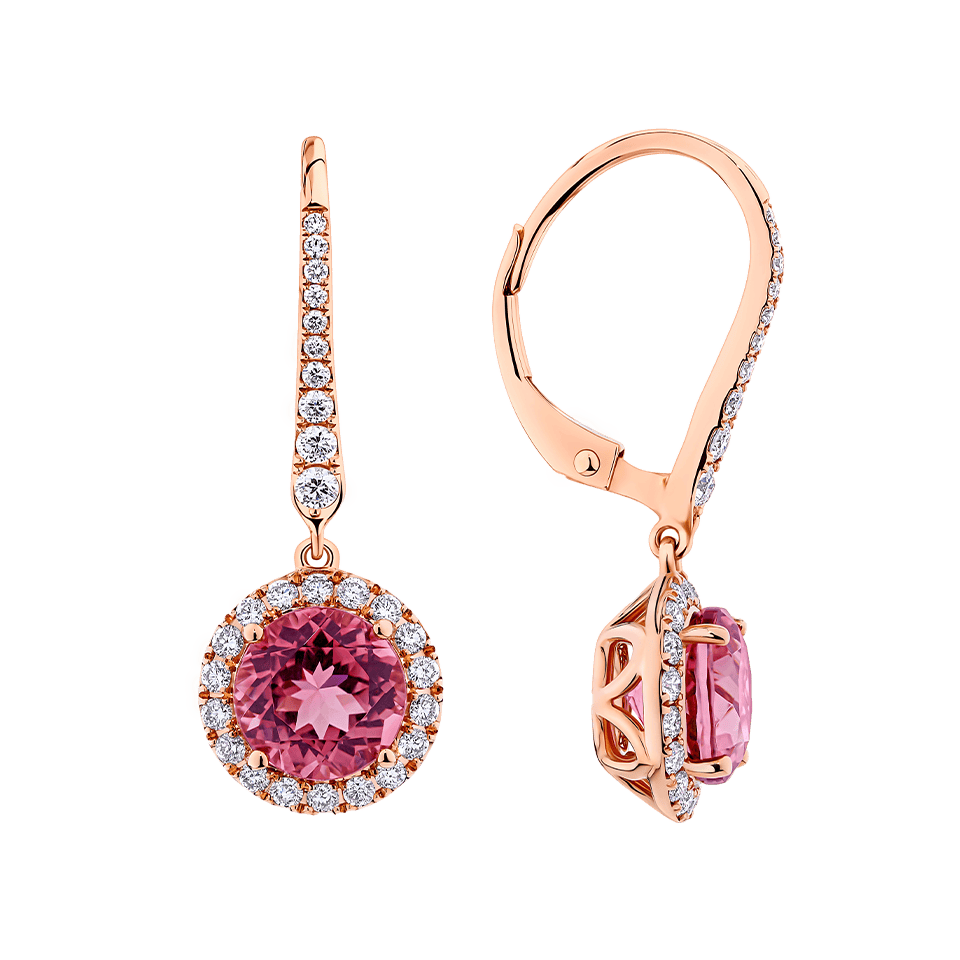 Pink Tourmaline Round and Diamond Halo Drop Earrings in 18ct Rose Gold