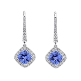 Tanzanite Cushion and Diamond Halo Drop Earrings in 18ct White Gold