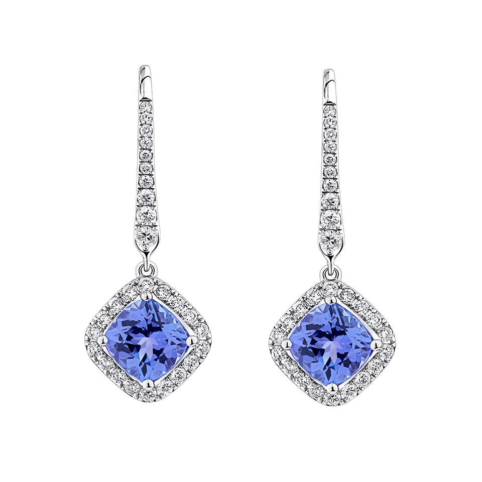 Tanzanite Cushion and Diamond Halo Drop Earrings in 18ct White Gold