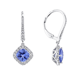 Tanzanite Cushion and Diamond Halo Drop Earrings in 18ct White Gold