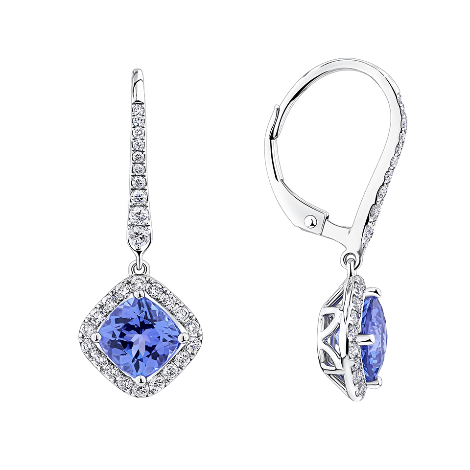 Tanzanite Cushion and Diamond Halo Drop Earrings in 18ct White Gold