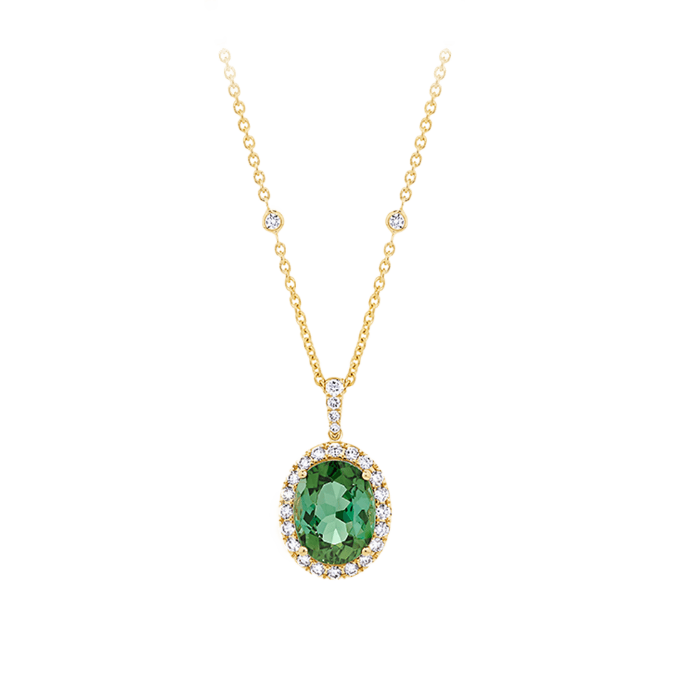 Green Tourmaline Oval and Diamond Halo Pendant in 18ct Yellow Gold