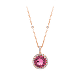 Pink Tourmaline Round and Diamond Halo Pendant in 18ct Rose Gold