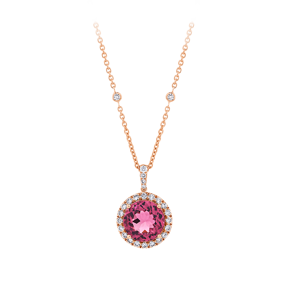 Pink Tourmaline Round and Diamond Halo Pendant in 18ct Rose Gold