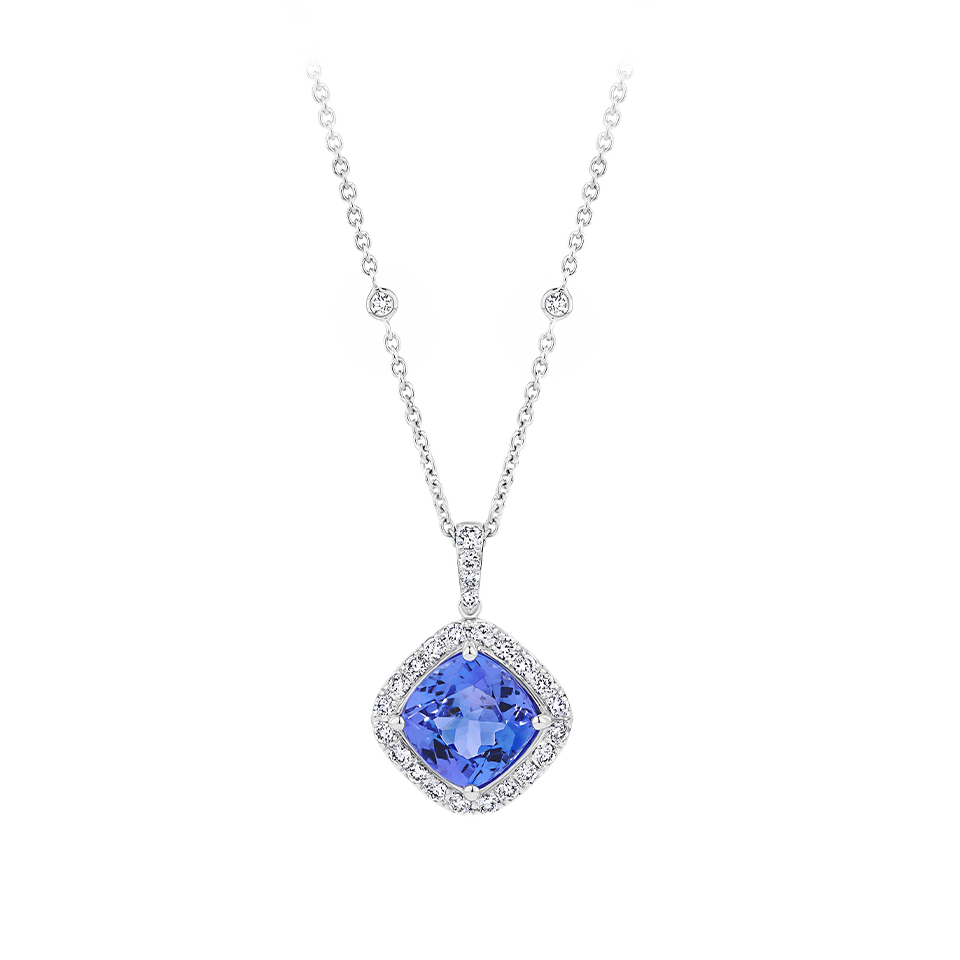 Tanzanite Cushion and Diamond Halo Pendant in 18ct White Gold