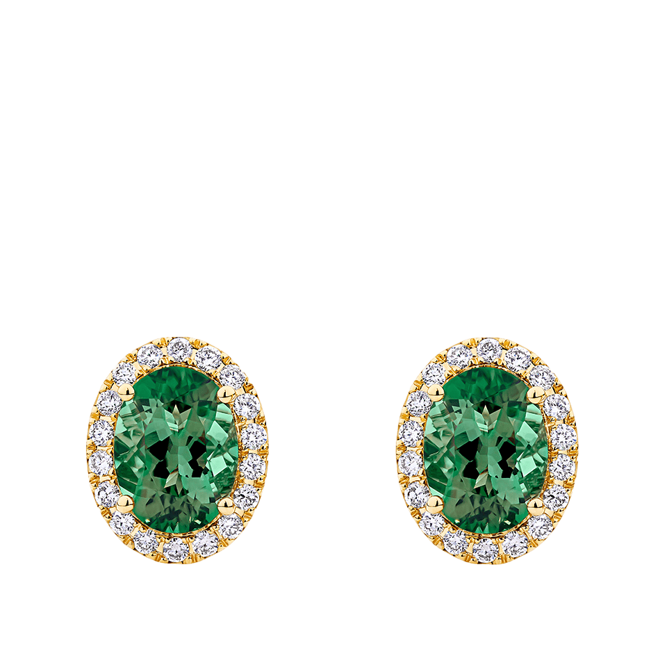 Green Tourmaline and Diamond Halo Stud Earrings in 18ct Yellow Gold