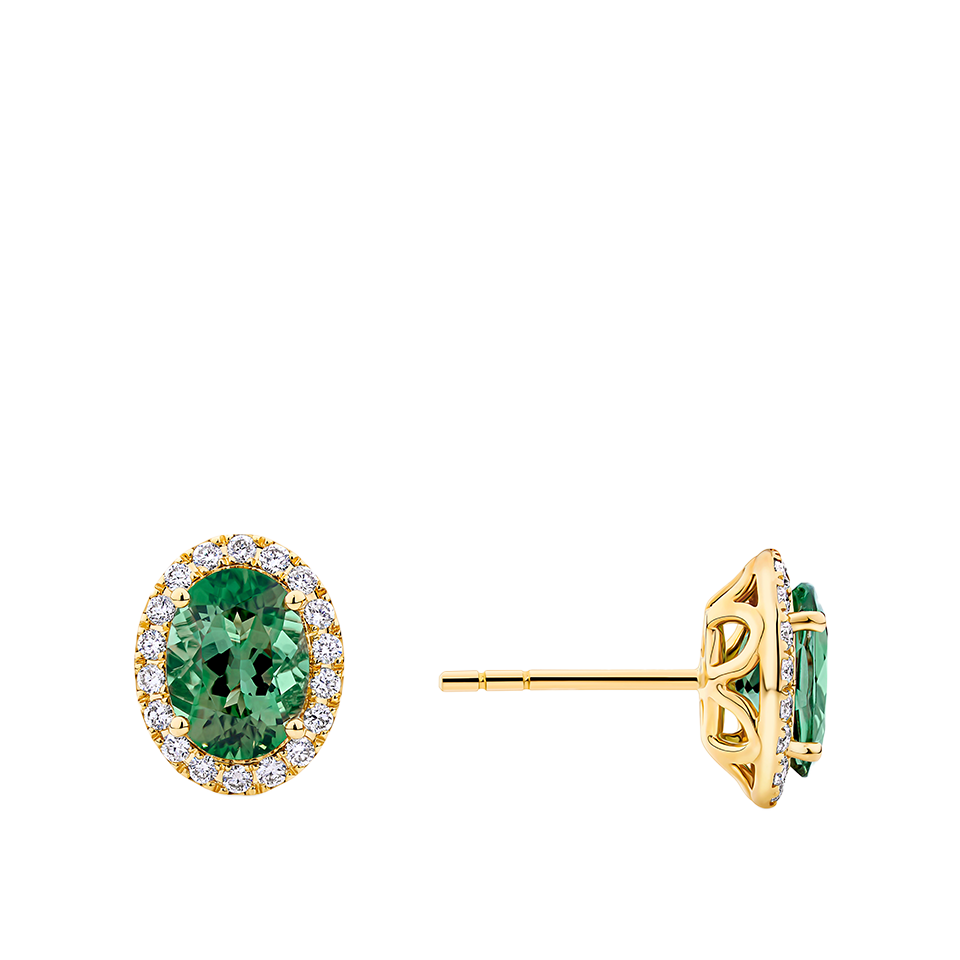 Green Tourmaline Oval and Diamond Halo Stud Earrings in 18ct Yellow Gold