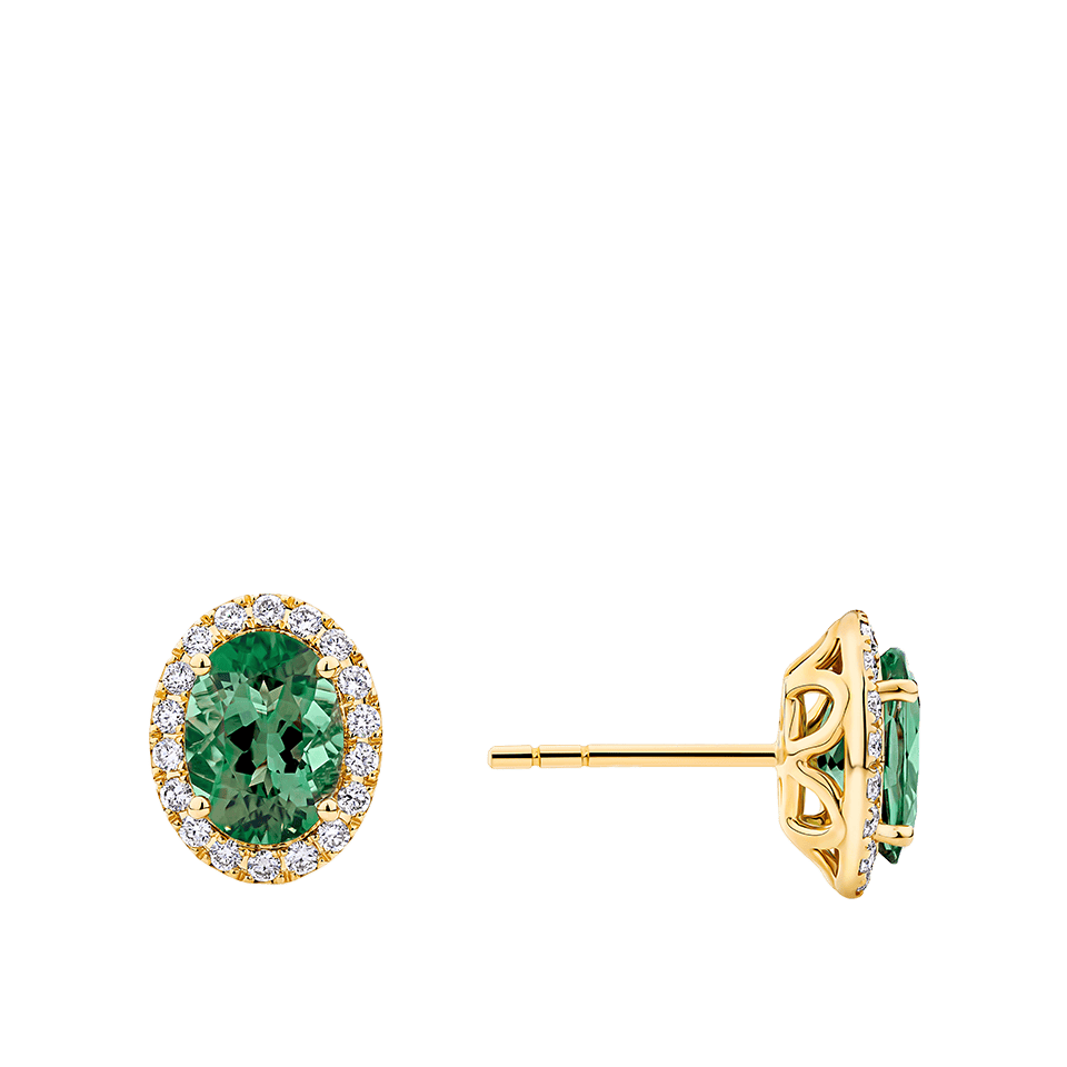 Green Tourmaline and Diamond Halo Stud Earrings in 18ct Yellow Gold