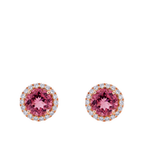 Pink Tourmaline Round and Diamond Halo Stud Earrings in 18ct Rose Gold