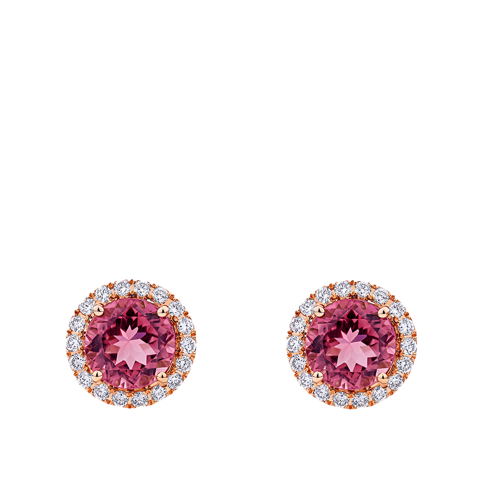Pink Tourmaline Round and Diamond Halo Stud Earrings in 18ct Rose Gold