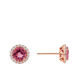 Pink Tourmaline Round and Diamond Halo Stud Earrings in 18ct Rose Gold