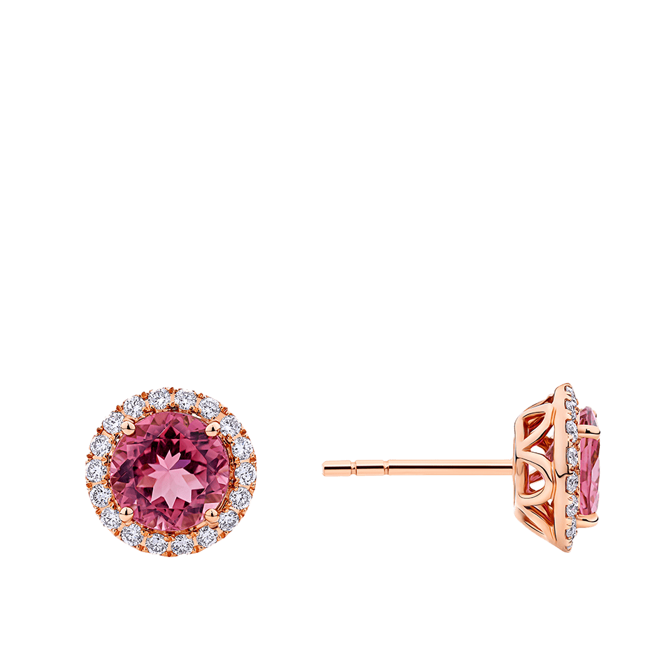 Pink Tourmaline Round and Diamond Halo Stud Earrings in 18ct Rose Gold