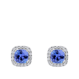 Tanzanite Cushion and Diamond Halo Stud Earrings in 18ct White Gold