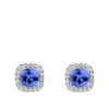 Cushion Cut 1.2ct Tanzanite 6x6mm in size with Round Natural Diamond Halo Stud Earrings in 18ct White Gold. 2.40ct Tanzanite and 0.36ct Natural Diamond Earrings.