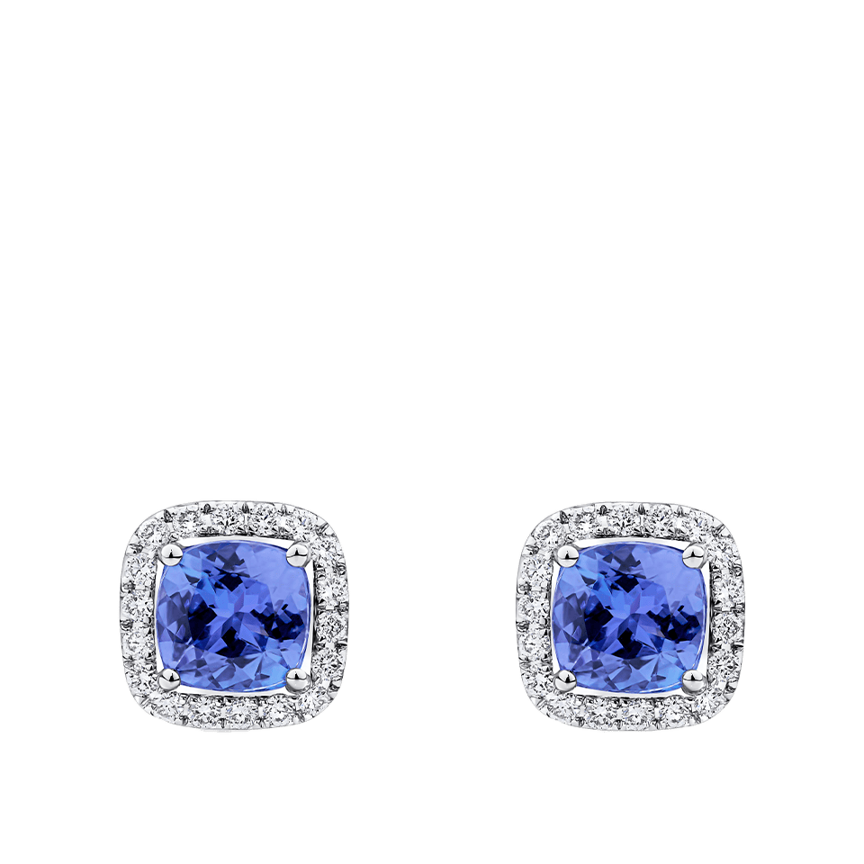 Tanzanite Cushion and Diamond Halo Stud Earrings in 18ct White Gold