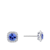 Tanzanite Cushion and Diamond Halo Stud Earrings in 18ct White Gold