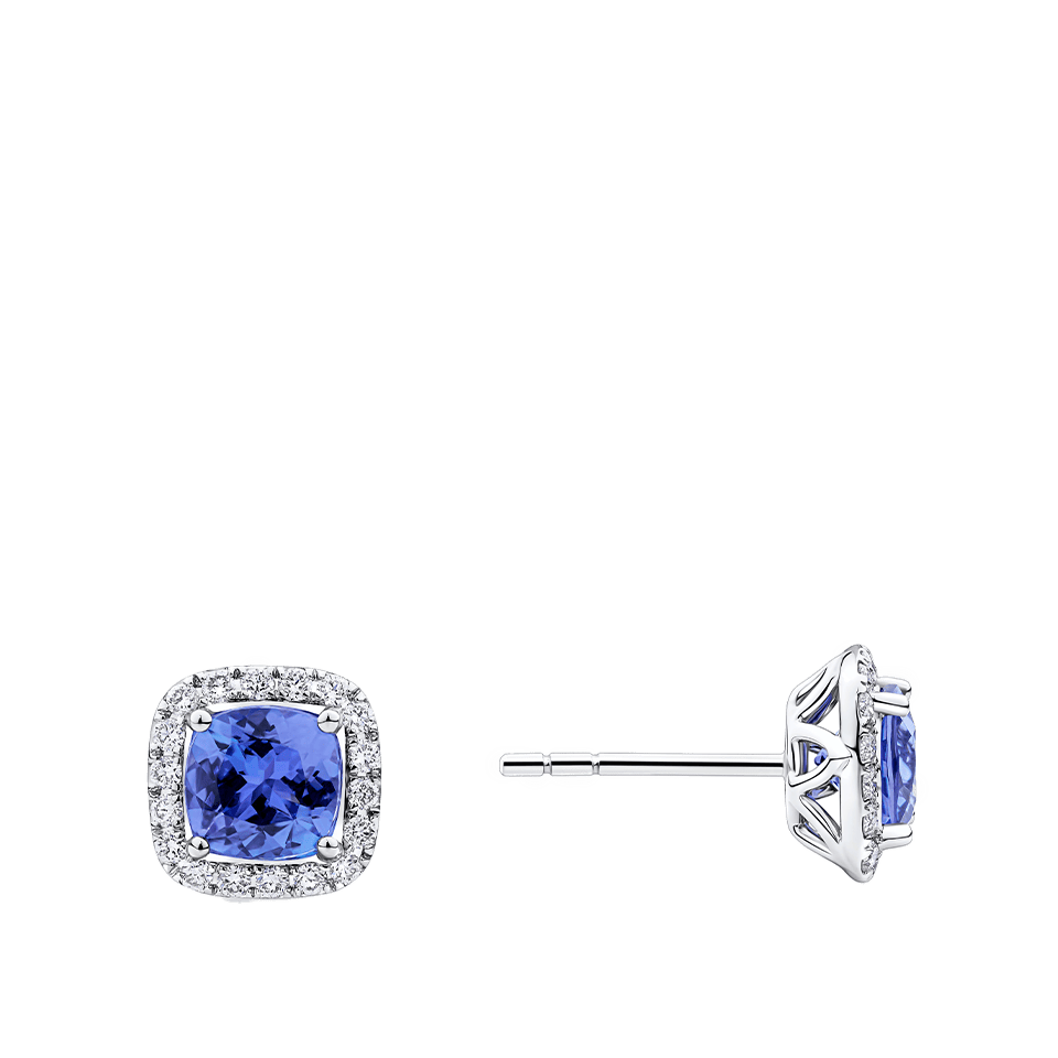 Tanzanite Cushion and Diamond Halo Stud Earrings in 18ct White Gold