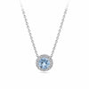 Aquamarine and Diamond Halo Pendant in 18ct white gold from Hardy Brothers Jewellers, shown front-on with its aquamarine centre and diamond halo.