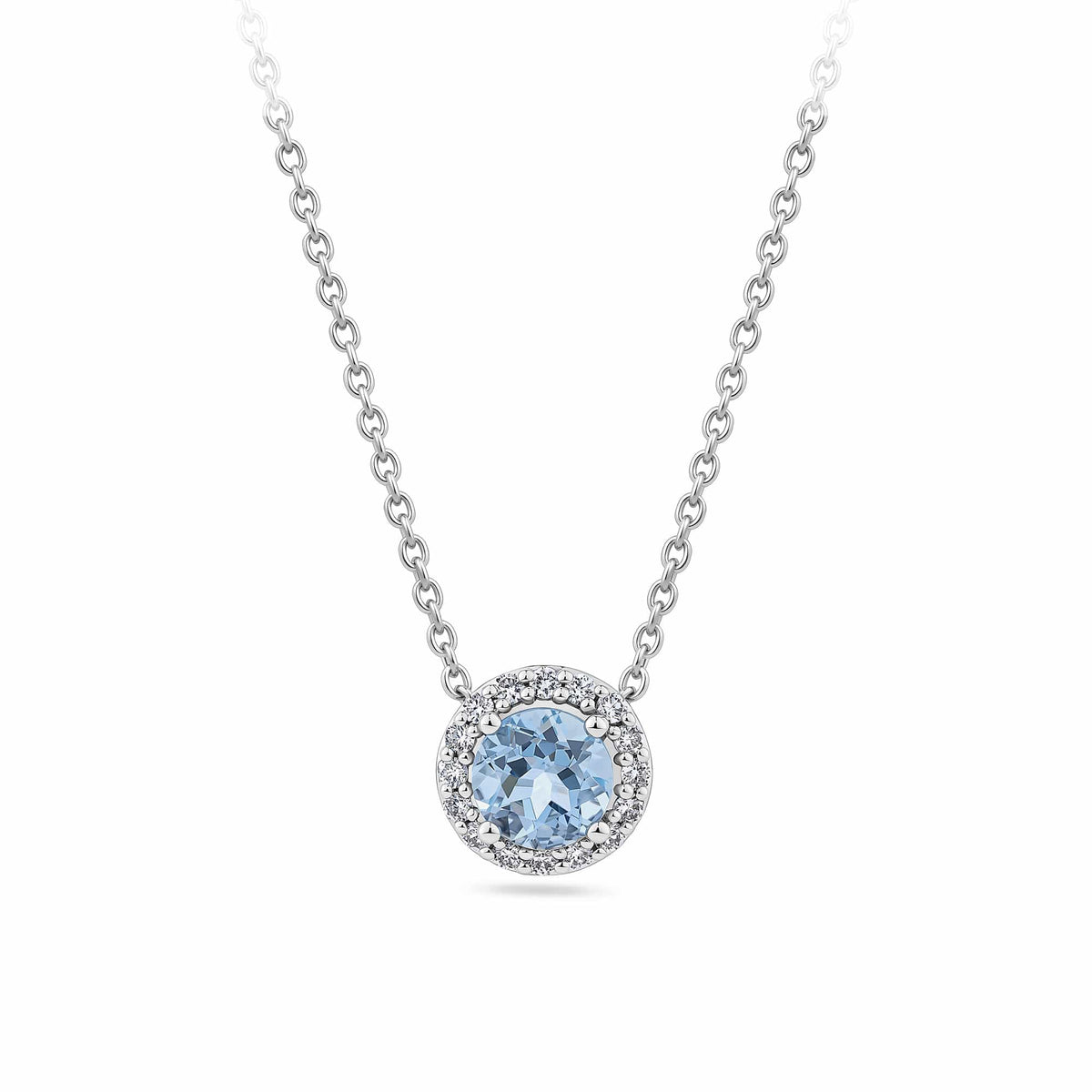 Aquamarine and Diamond Halo Pendant in 18ct white gold from Hardy Brothers Jewellers, shown front-on with its aquamarine centre and diamond halo.