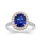 VAULT® Cushion Cut Sapphire and Diamond Halo Ring in 18ct white and rose gold from Hardy Brothers Jewellers, shown front-on with the 3.33 carat sapphire and diamond halo.