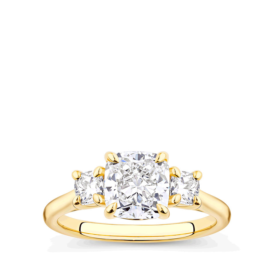 2.42 Carat TDW Cushion Cut Trilogy Engagement Ring in 18ct Yellow Gold