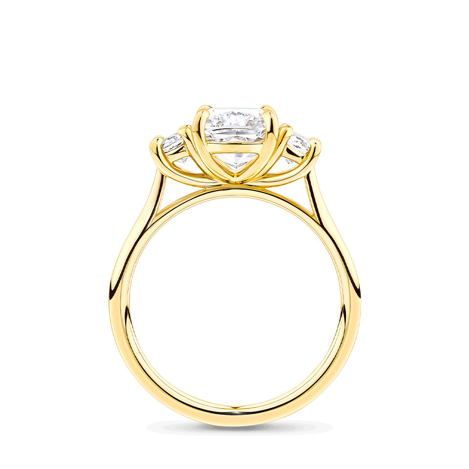 2.42 Carat TDW Cushion Cut Trilogy Engagement Ring in 18ct Yellow Gold