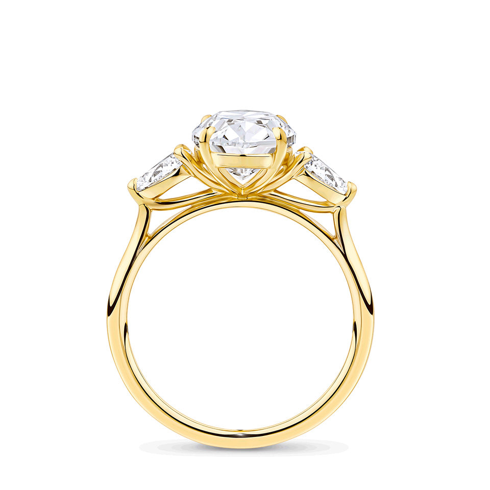 3.00 Carat Oval and Pear Cut Trilogy Engagement Ring in 18ct Yellow Gold