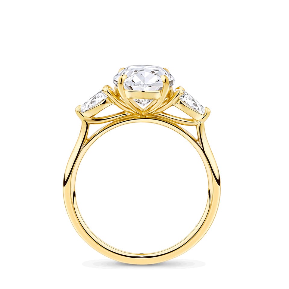 3.50 Carat Oval and Pear Cut Trilogy Engagement Ring in 18ct Yellow Gold
