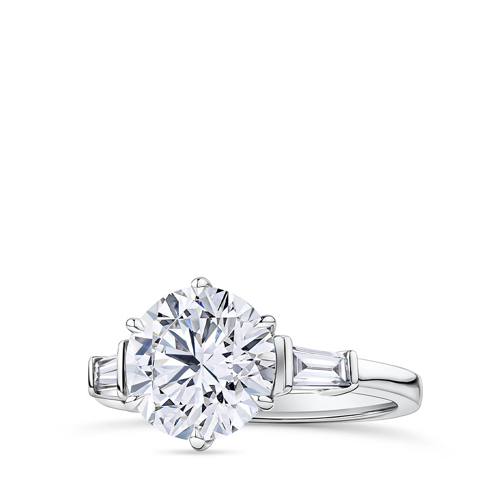 3.02 Carat Round Brilliant and Tapered Baguette Cut Trilogy Engagement Ring in 18ct White Gold