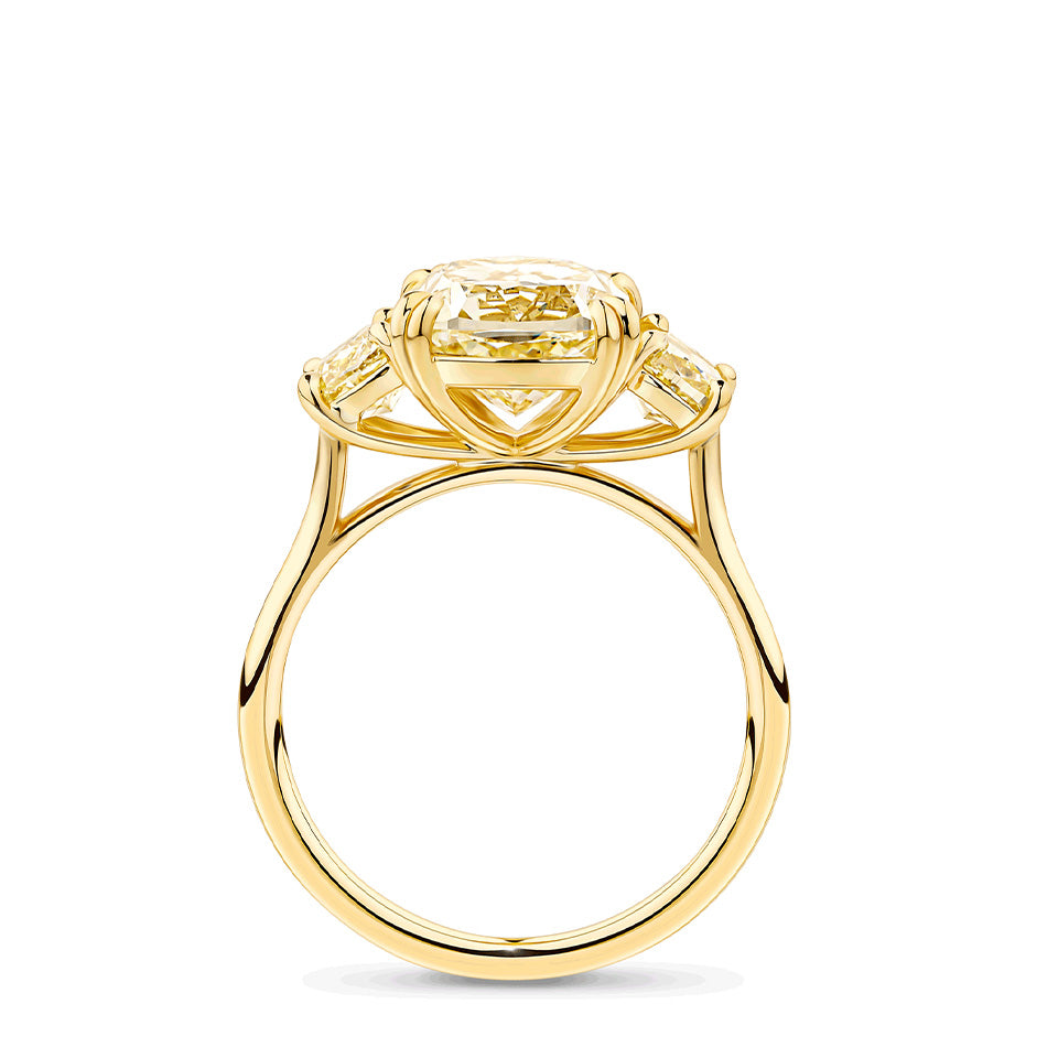 3.61 Carat Fancy Yellow Diamond Cushion Cut Trilogy Engagement Ring in 18ct Yellow Gold