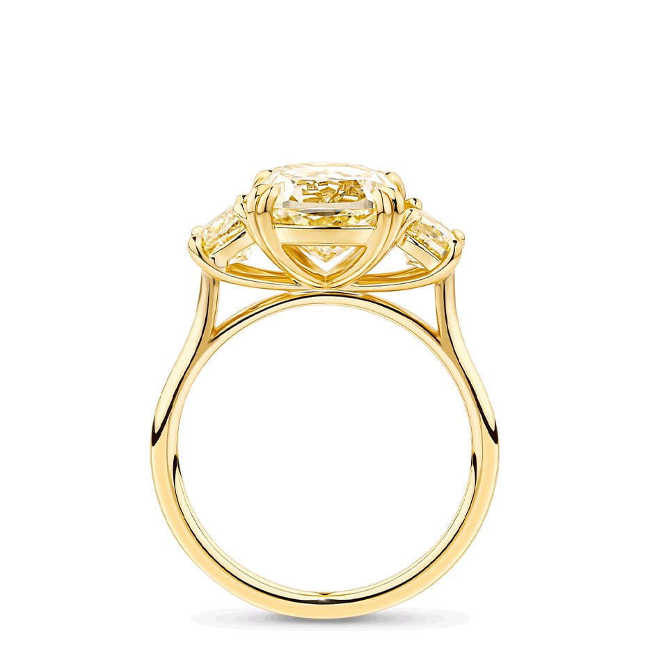 4.66 Carat Fancy Yellow Diamond Cushion Cut Trilogy Engagement Ring in 18ct Yellow Gold