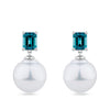 South Sea Pearl and Tourmaline Stud Earrings in 18ct white gold from Hardy Brothers Jewellers, shown front-on as a pair with a lagoon blue tourmaline stud and South Sea pearl drop on each earring.