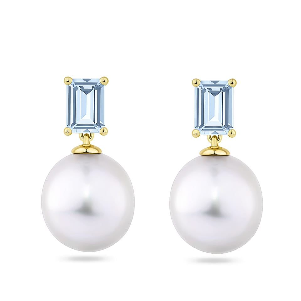 South Sea Pearl and Aquamarine Drop Earrings in 18ct Yellow Gold