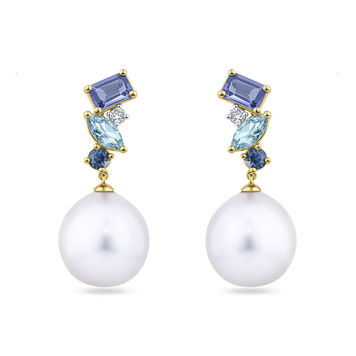 Elysian Tanzanite, Topaz, Sapphire and South Sea Pearl Drop Earrings in 18ct yellow gold from Hardy Brothers Jewellers, shown front-on as a pair with their cluster of coloured gemstones above a South Sea pearl drop.