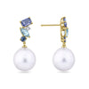Back view of the Elysian Tanzanite, Topaz, Sapphire and South Sea Pearl Drop Earrings in 18ct yellow gold by Hardy Brothers, showing the post and backing beneath the gemstone cluster and pearl.