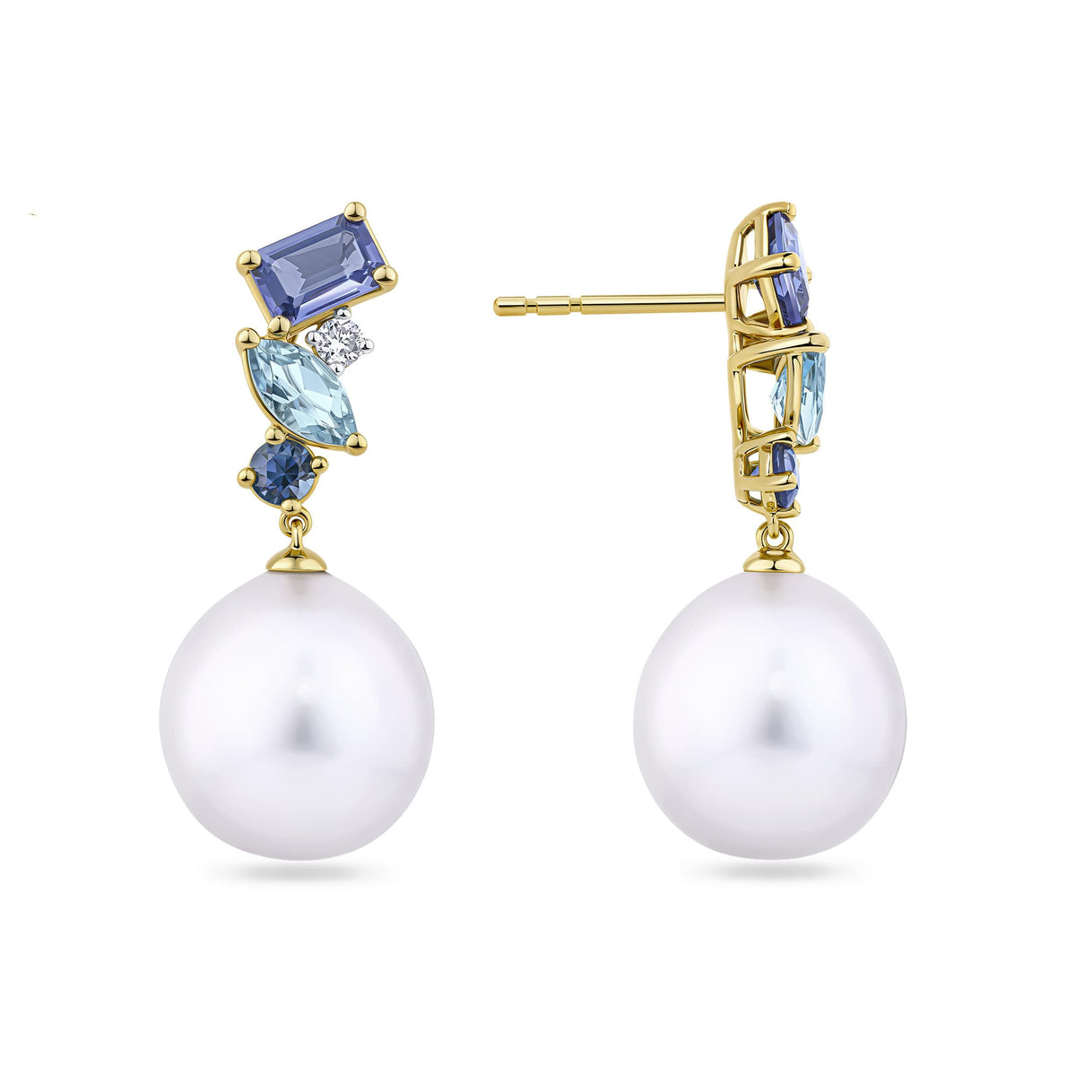 Back view of the Elysian Tanzanite, Topaz, Sapphire and South Sea Pearl Drop Earrings in 18ct yellow gold by Hardy Brothers, showing the post and backing beneath the gemstone cluster and pearl.